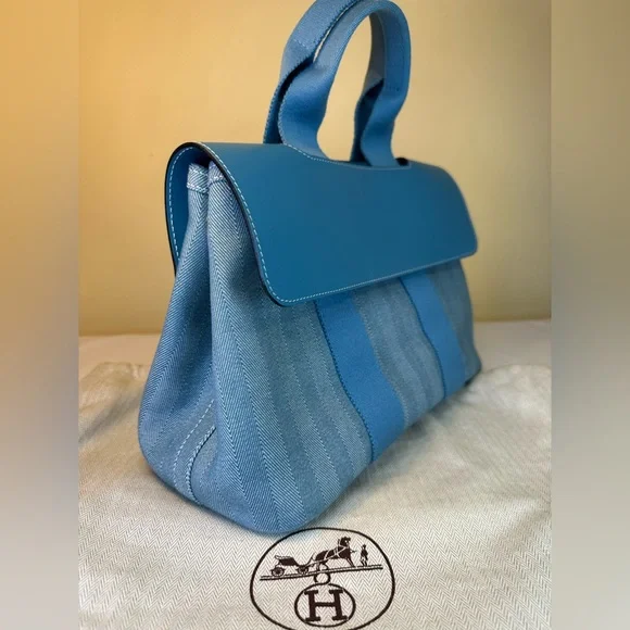 Hermes Valparaiso PM Bag Blue Chevron Canvas Blue Leather, Pouch, Dustbag COA - Picture 5 of 17